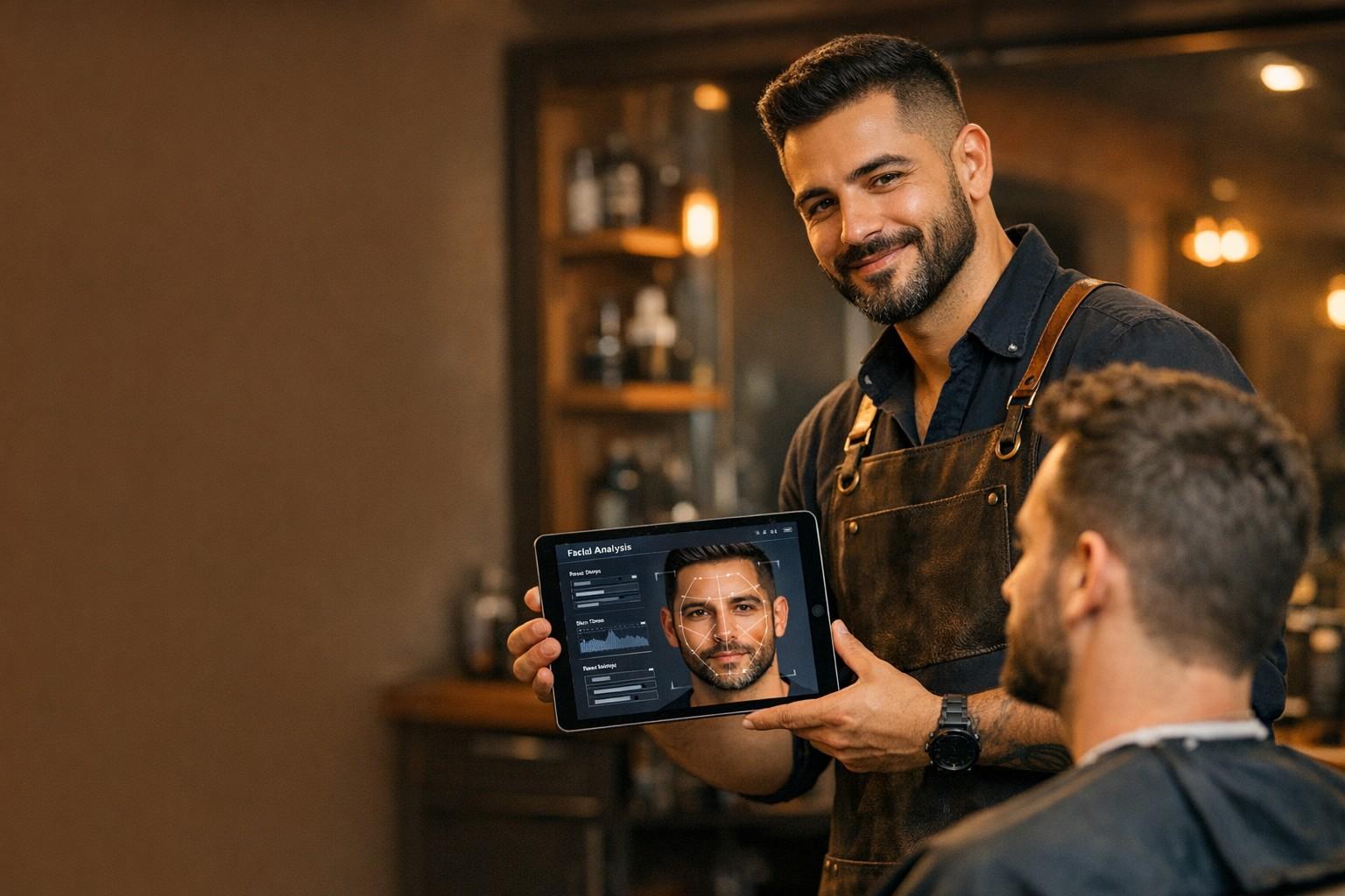 Barbeiro mostrando análise facial por IA em tablet para cliente na cadeira