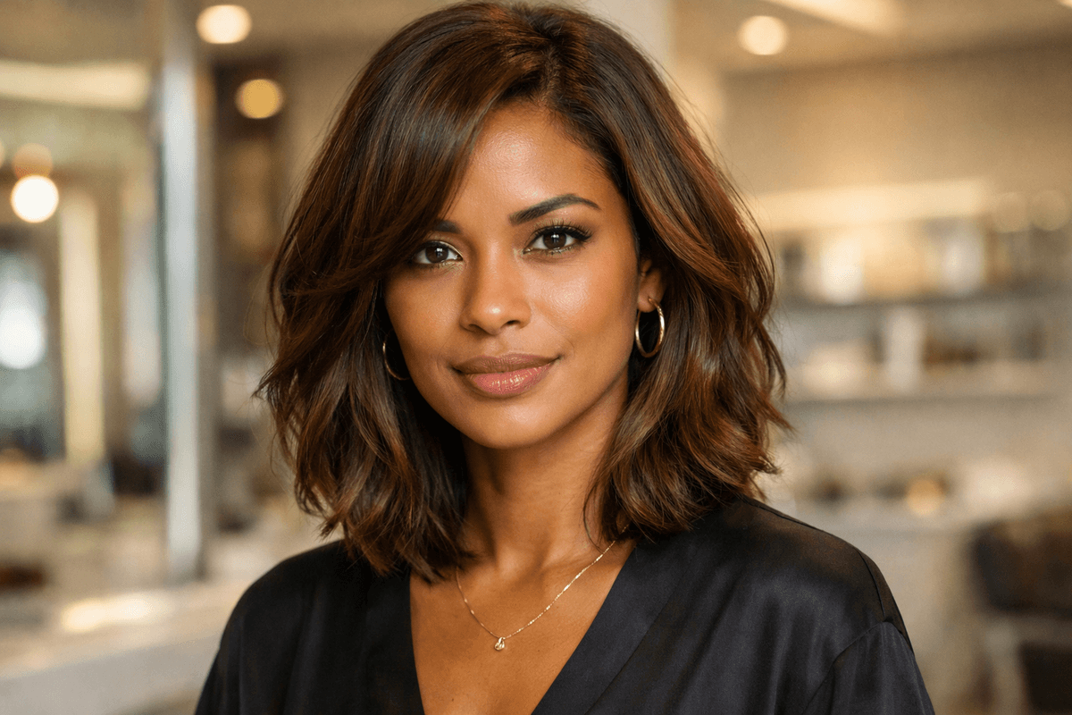 Corte médio com camadas em mulher brasileira com rosto oblongo e cabelo castanho