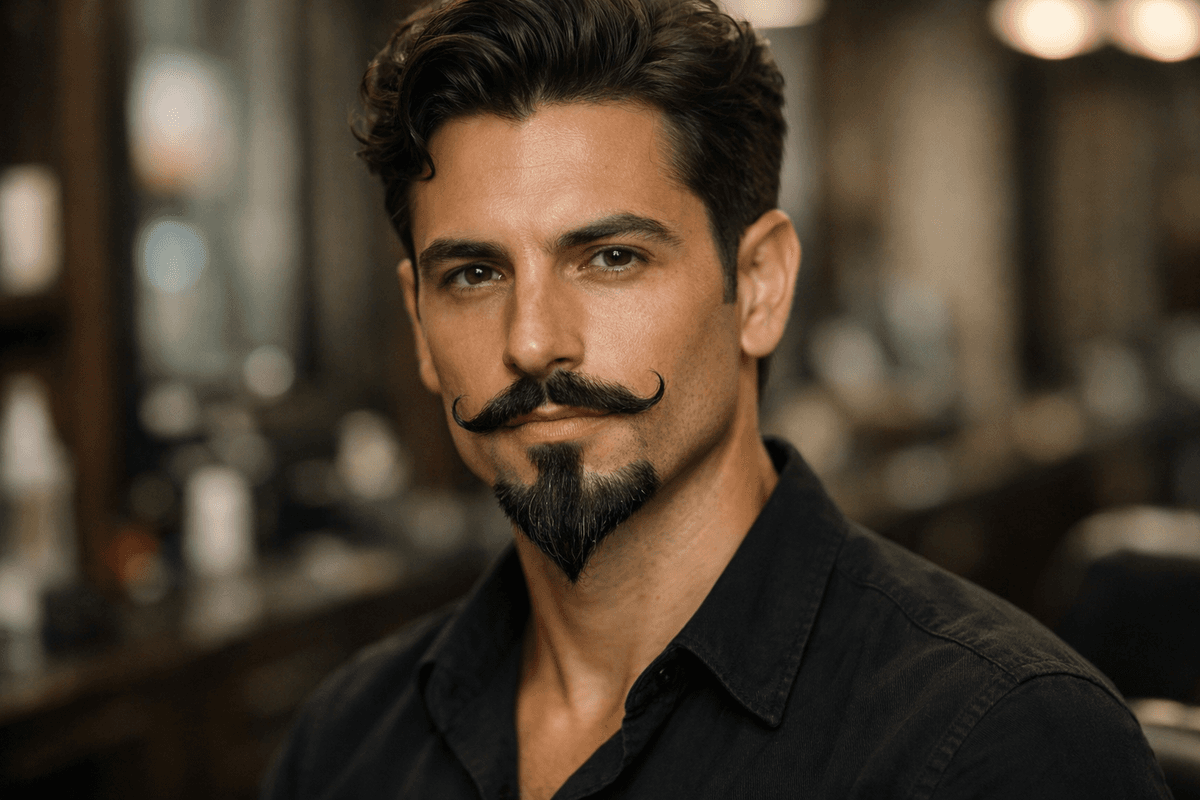 Van Dyke com bigode desconectado em homem com rosto diamante e cabelos ondulados