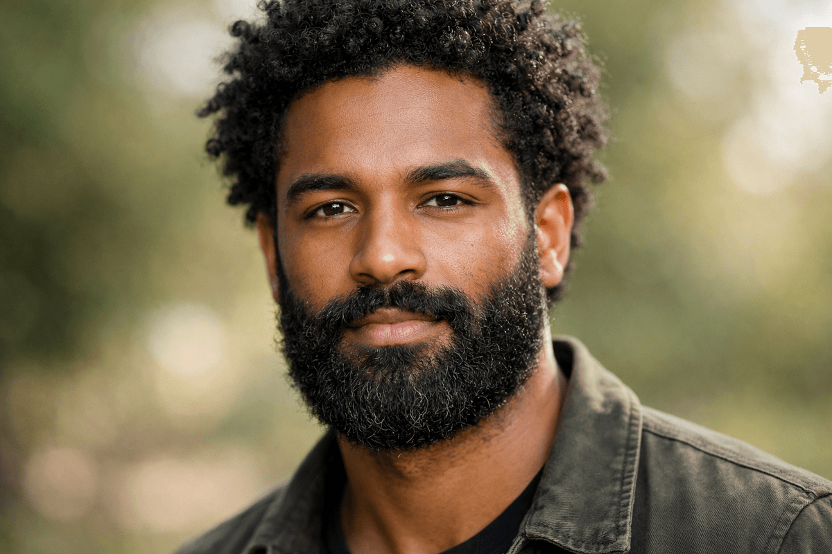 Barba lenhador volumosa e natural em homem com rosto oval e cabelos escuros