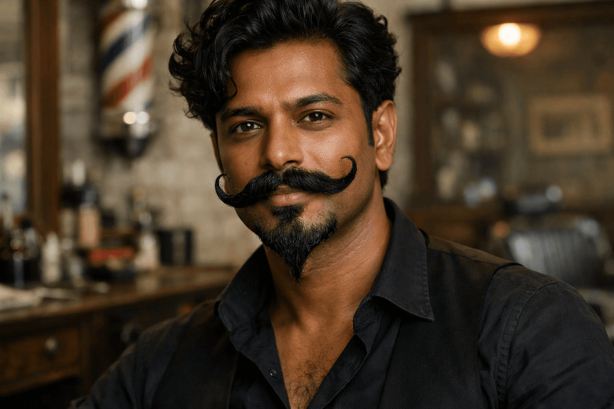 Imperial com bigode volumoso e pontas para cima em homem com rosto oval e cabelos escuros