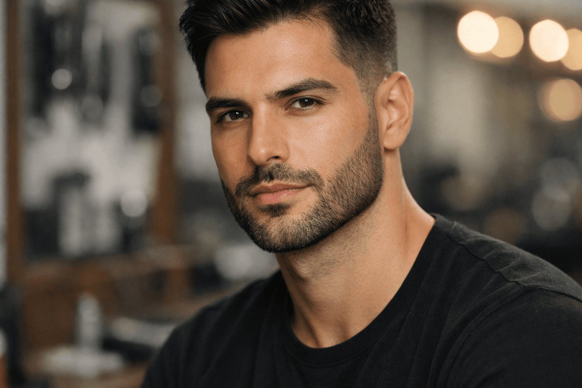 Barba curta modelada com contornos precisos em homem com rosto diamante e cabelos lisos