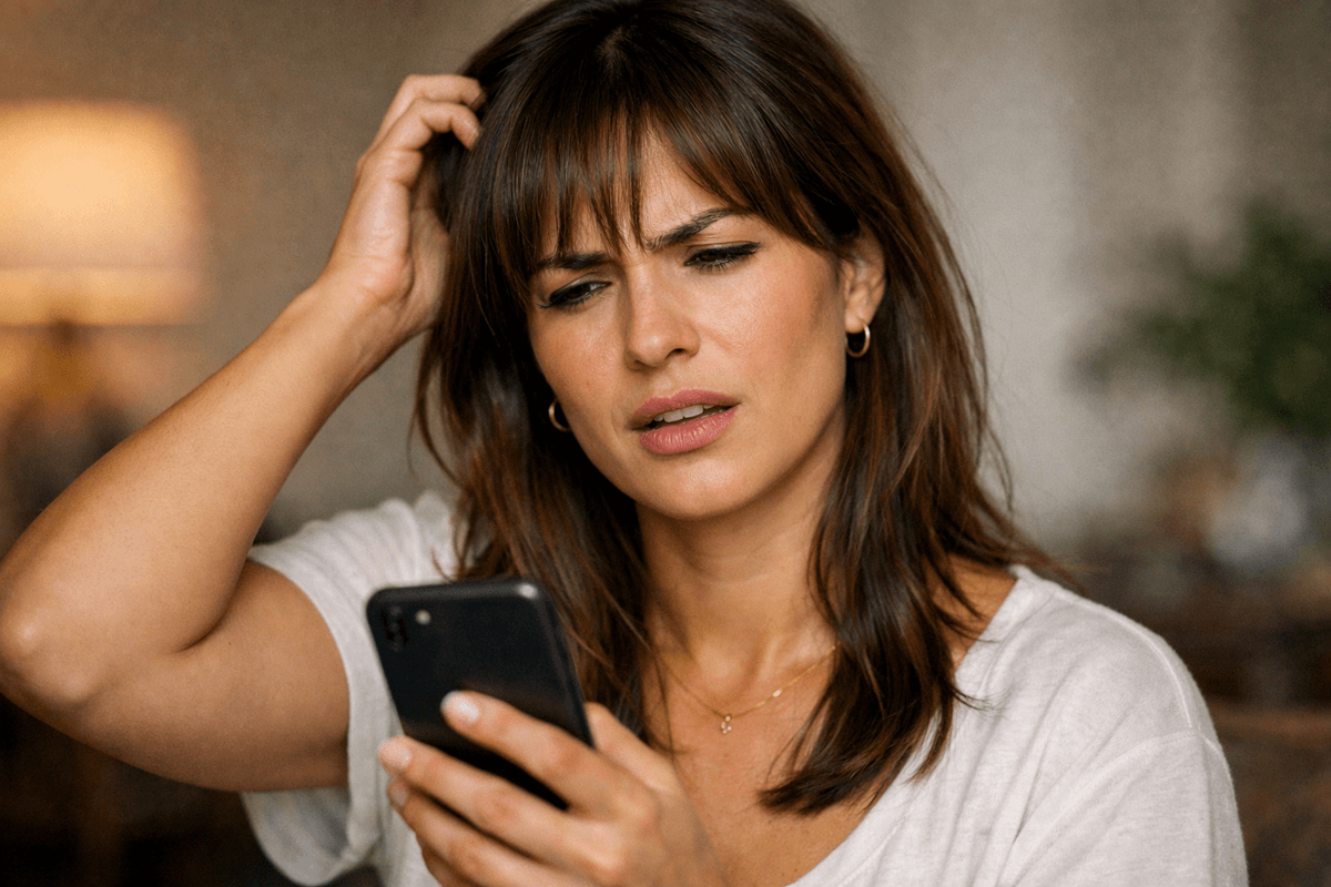 mulher morena com expressão confusa e mão na cabeça olhando o celular.