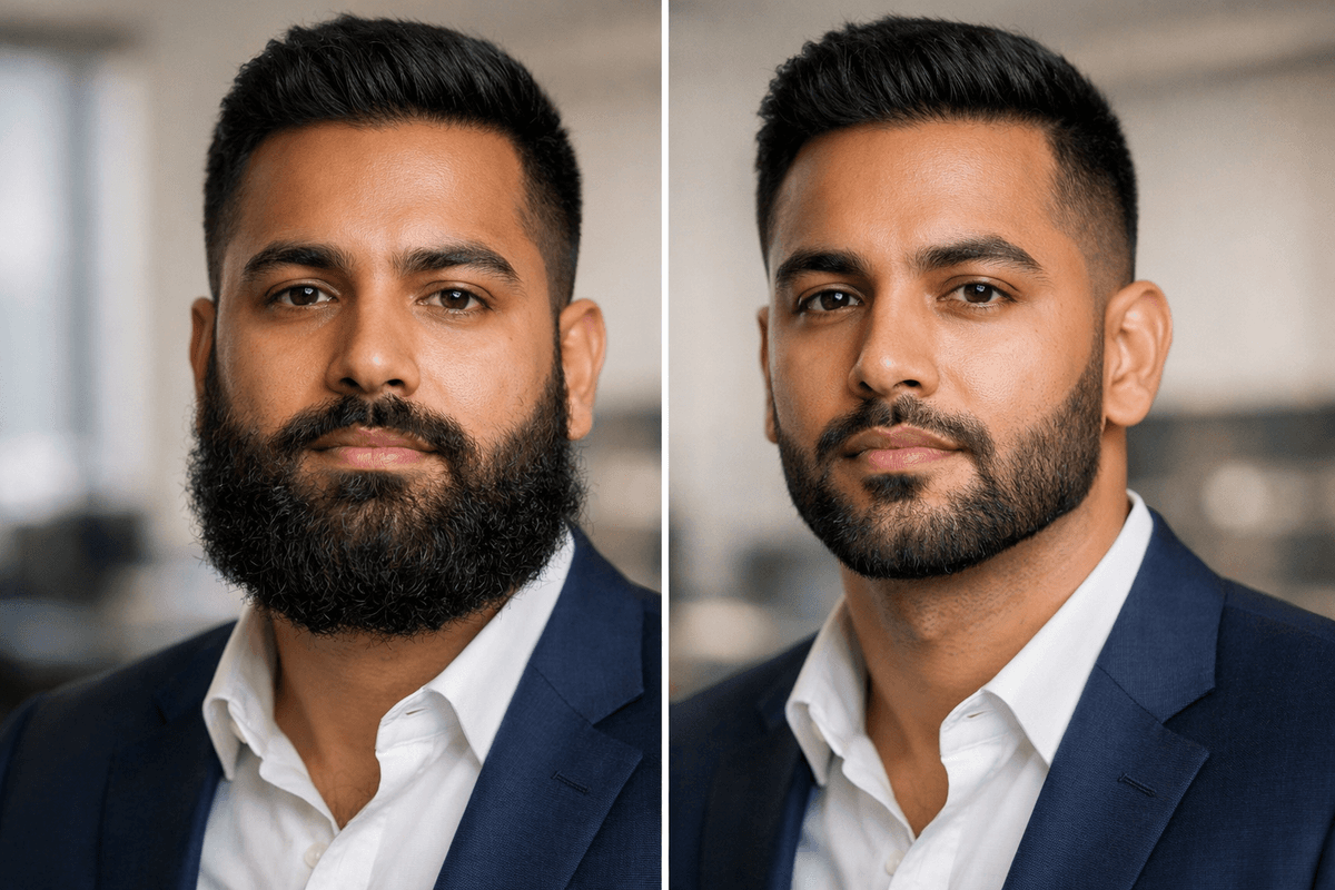 Comparação antes e depois de barba inadequada versus barba adequada para rosto oval