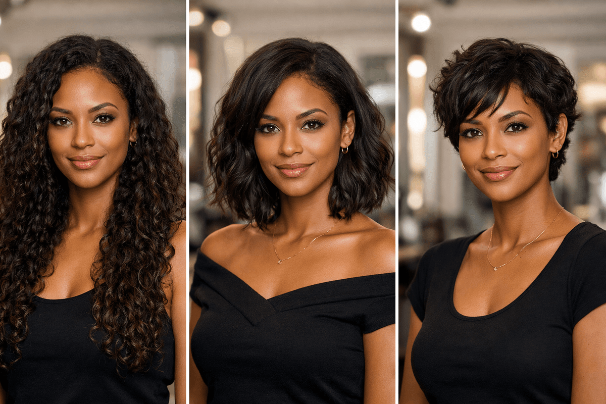 Sequência de três fotos mostrando evolução gradual de cabelo longo para médio e curto