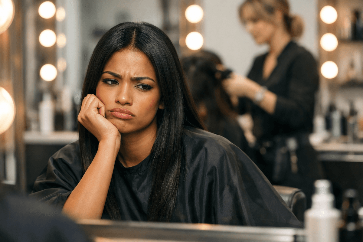 Mulher decepcionada olhando seu novo corte de cabelo no espelho do salão