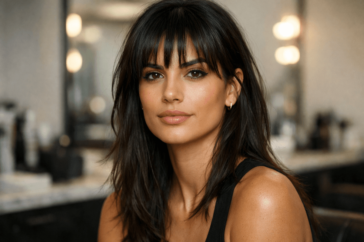 Franja desfiada com pontas texturizadas em mulher com rosto quadrado e cabelo liso