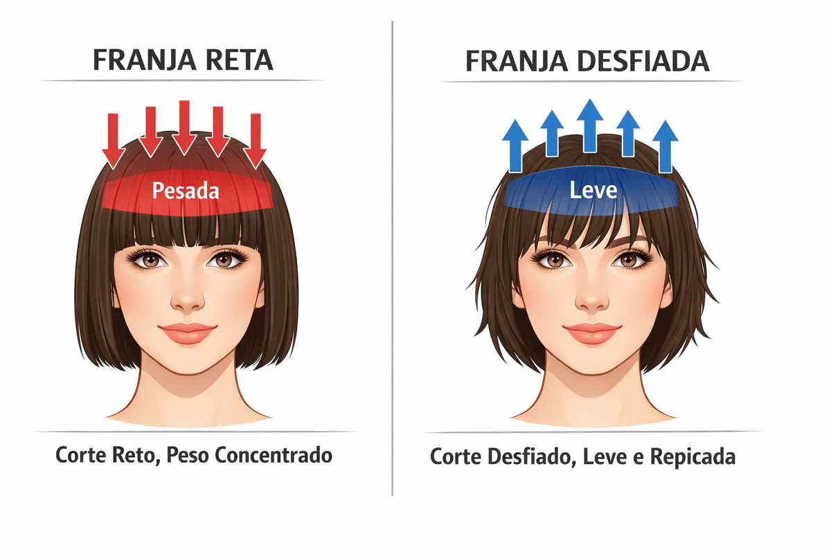 Diagrama técnico mostrando peso visual em franja reta versus franja texturizada