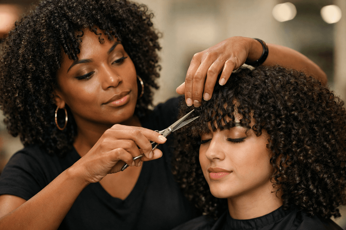 Cabeleireiro executando técnica de dry cutting em franja de cabelo cacheado tipo 3C