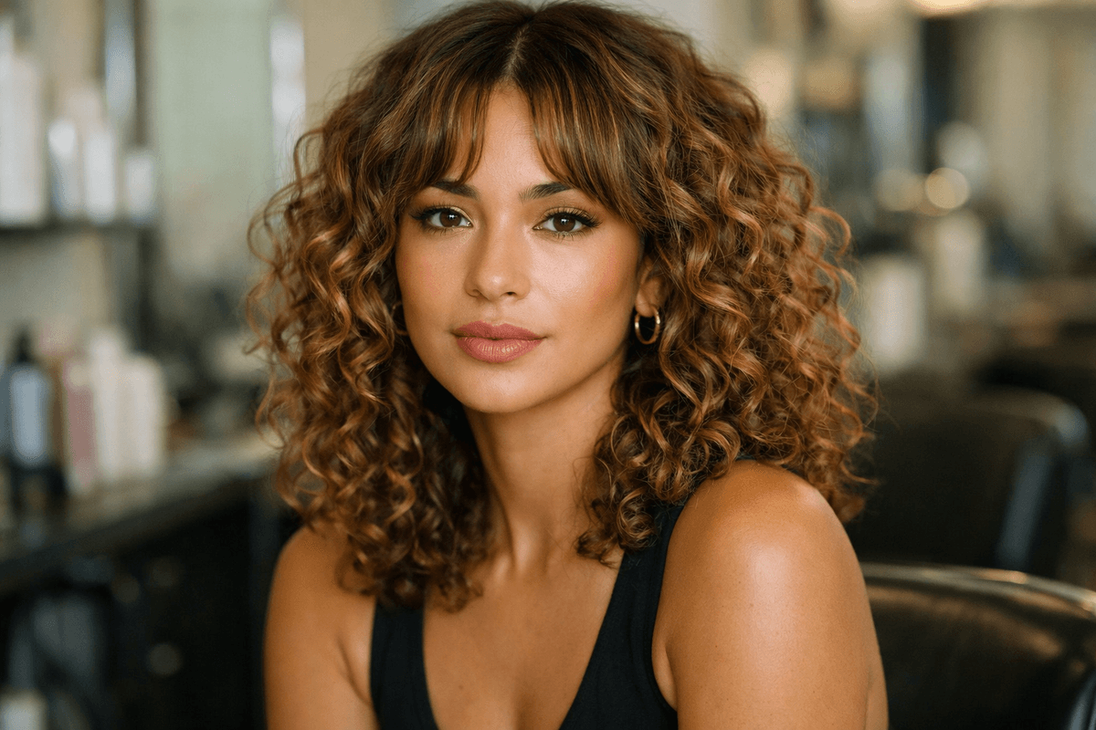 Franja cortina em cabelo cacheado tipo 3A com divisão central e mechas laterais