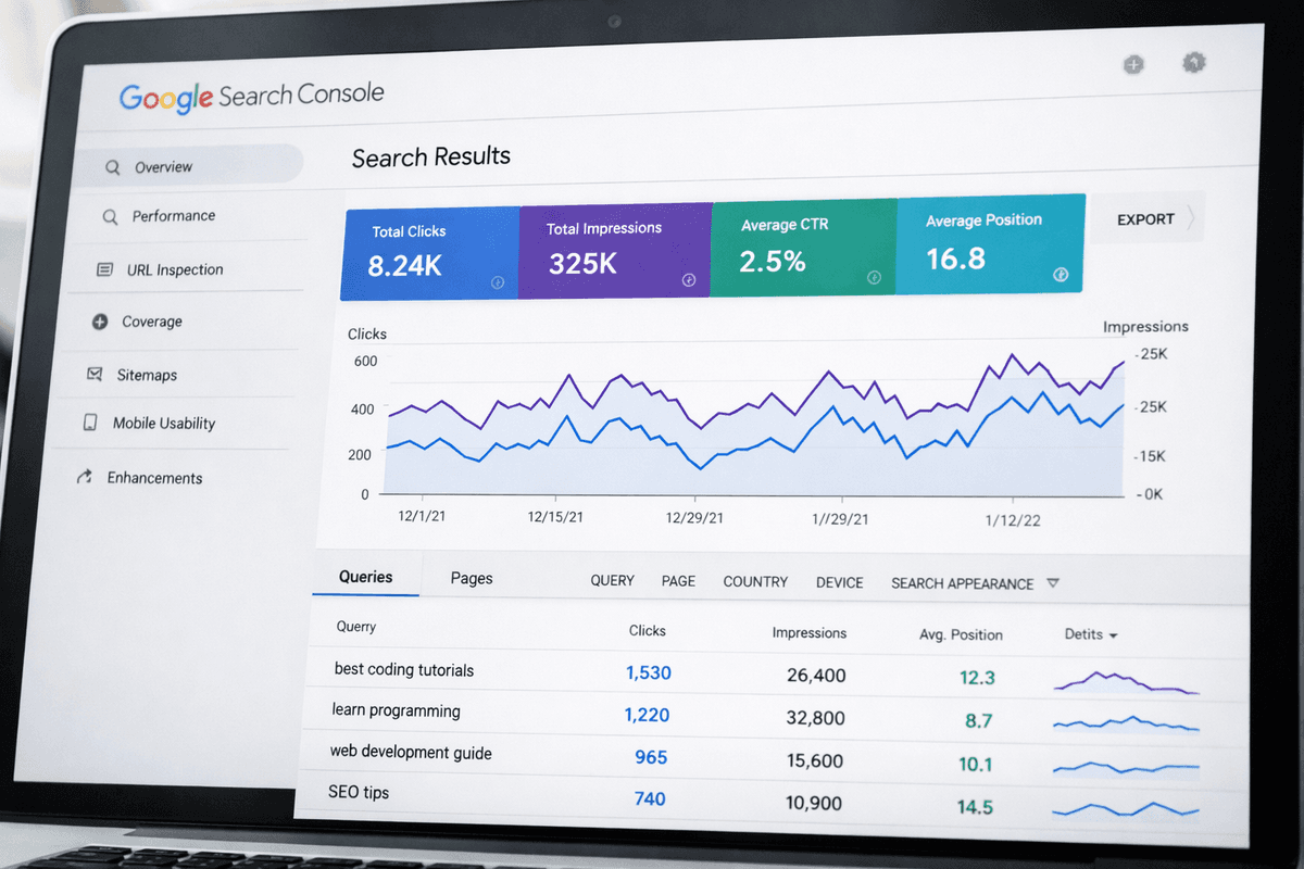 Interface de dados do Google Search Console mostrando gráficos de impressões e cliques