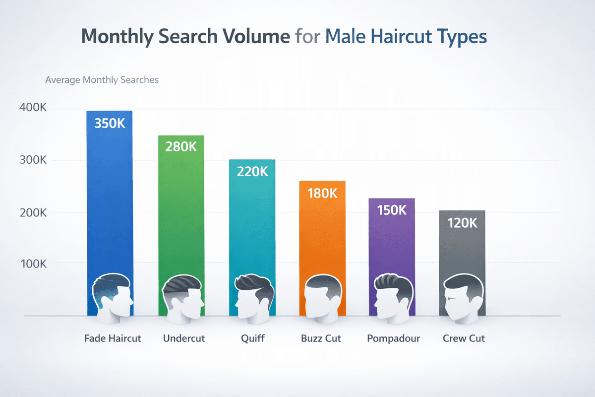 Gráfico de barras mostrando volume de buscas por diferentes tipos de corte masculino