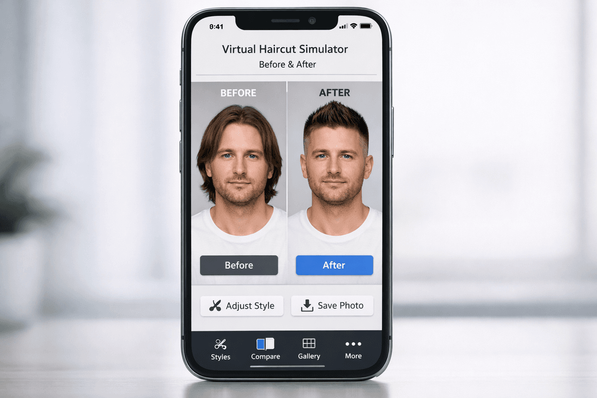 Interface de simulador virtual de corte de cabelo mostrando antes e depois em tela de smartphone