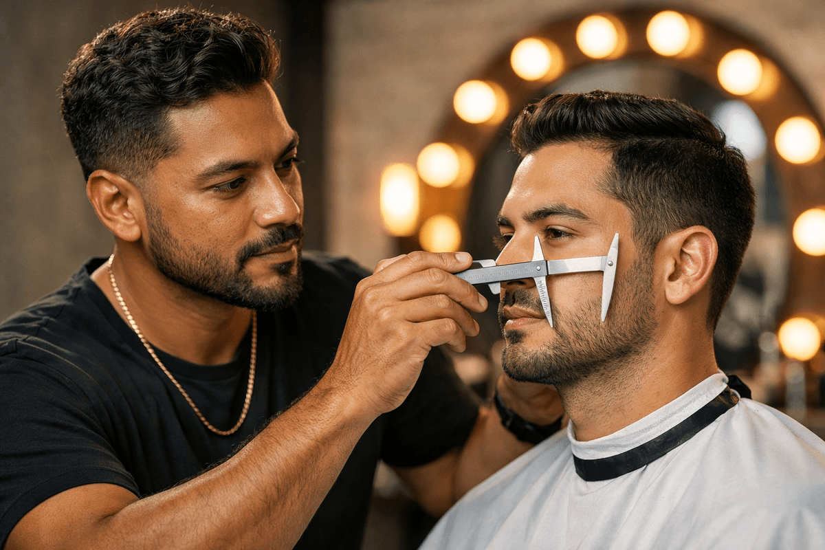 Barbeiro analisando proporções faciais de cliente com rosto oval antes de corte curto