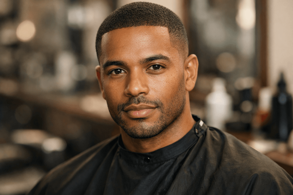 Buzz cut de 6mm em homem com rosto oval e crânio proporcional