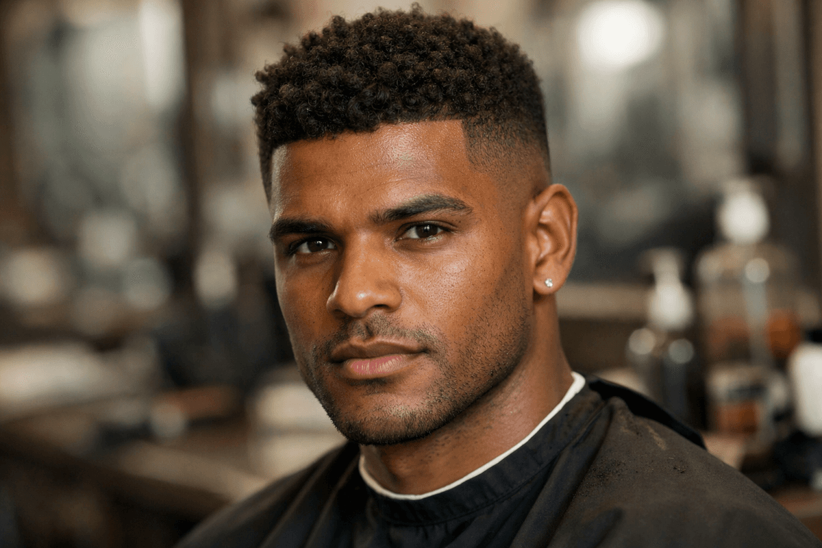 Crew cut com laterais degradê e topo texturizado em homem com rosto quadrado