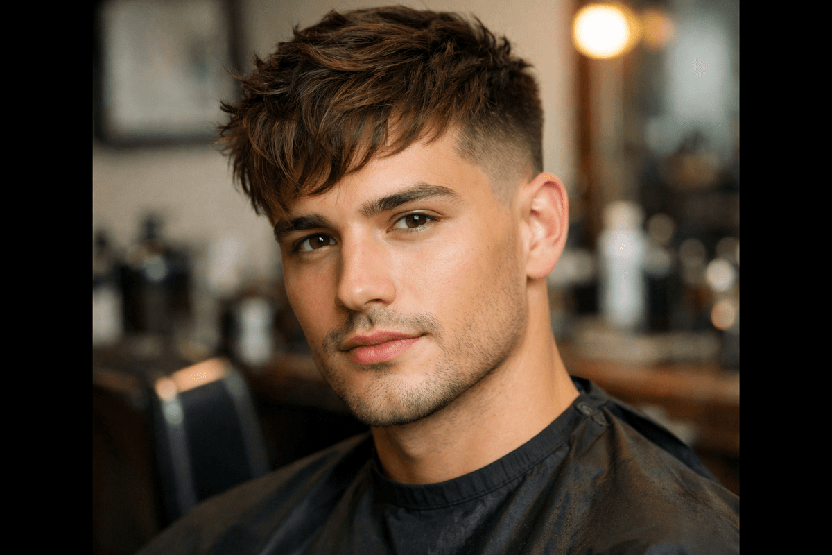French crop com franja texturizada e laterais fade em homem com rosto coração