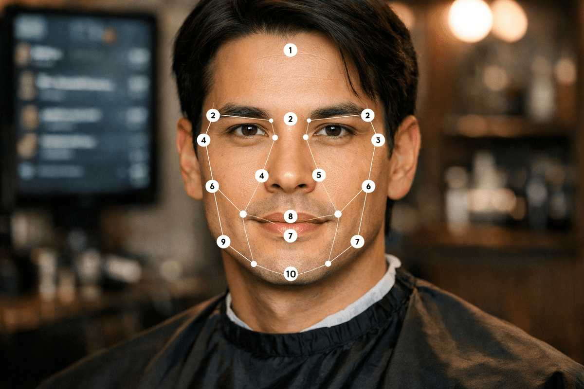 Análise de 68 pontos faciais em homem com rosto oval usando tecnologia de IA