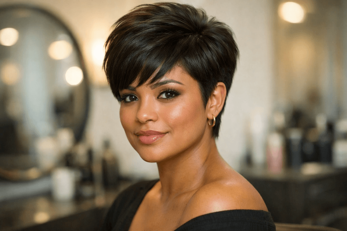 Mulher com rosto redondo e cabelo curto pixie estruturado com volume no topo