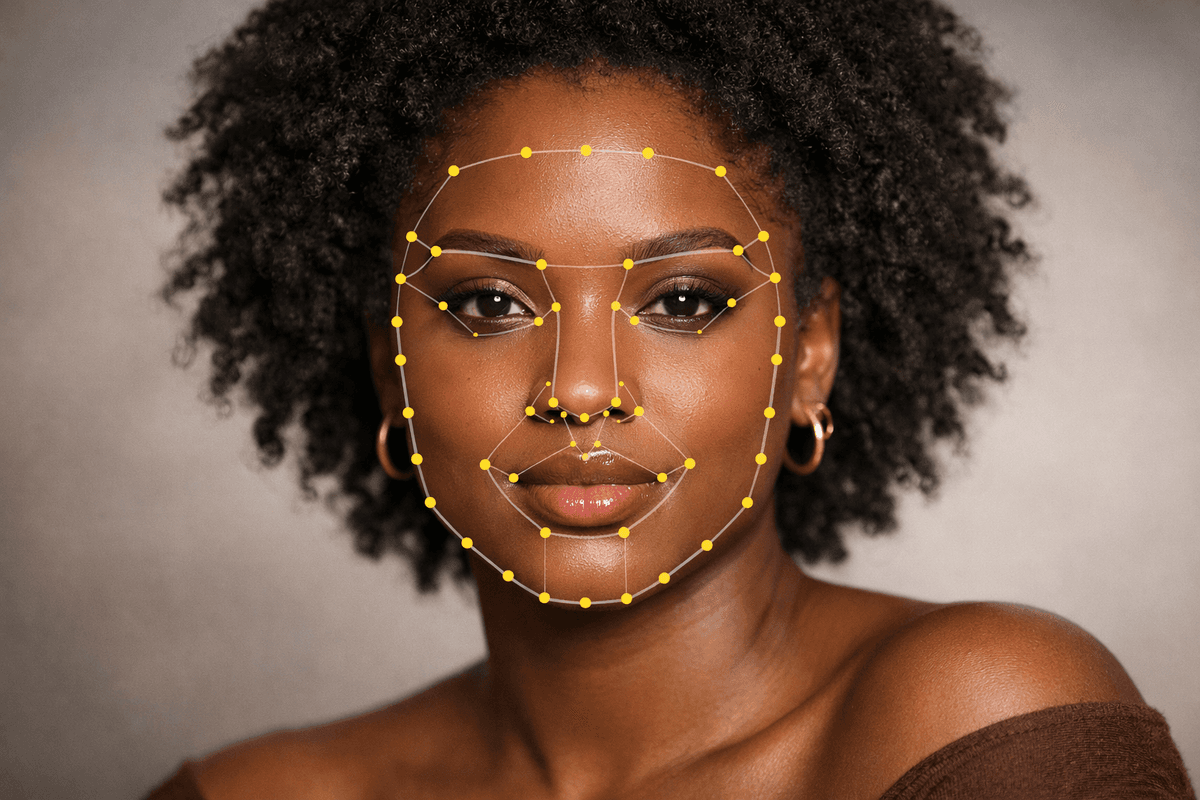 Análise de 68 pontos faciais em mulher com rosto redondo mostrando mapeamento computacional
