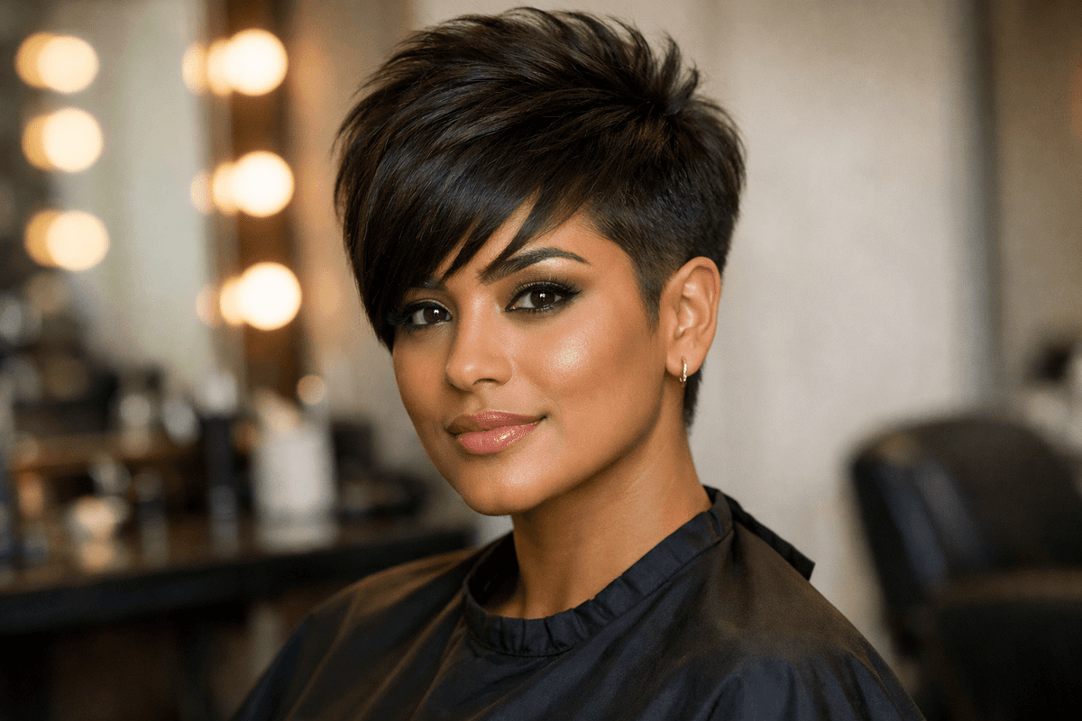 Corte pixie com volume no topo em mulher com rosto redondo e cabelo escuro