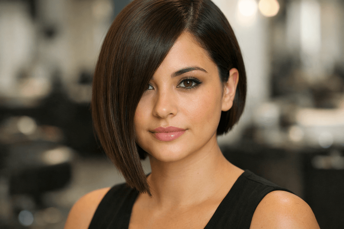 Bob assimétrico alongado em mulher com rosto redondo e cabelo liso castanho