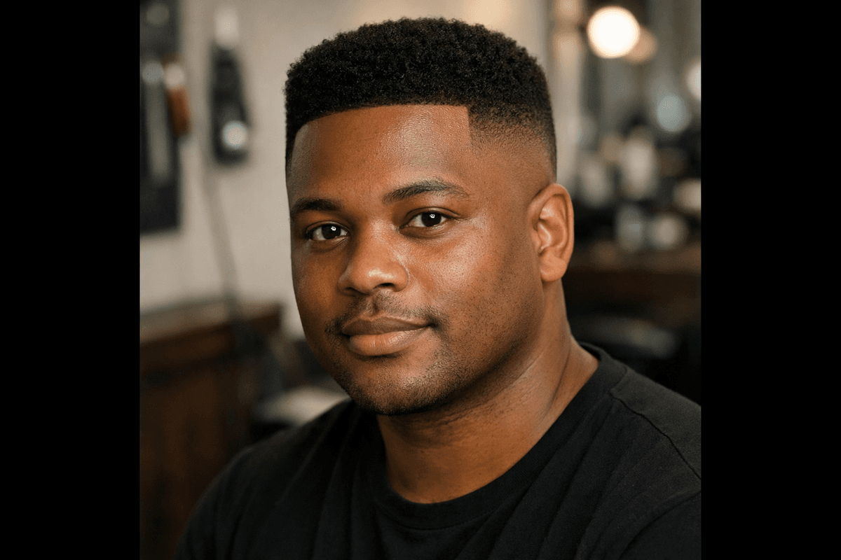 Corte americano com degradê alto em homem com rosto redondo e cabelo escuro