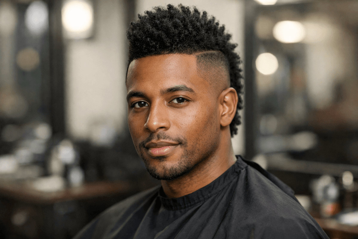 Corte moicano clássico com degradê lateral em homem com rosto oval e mandíbula definida