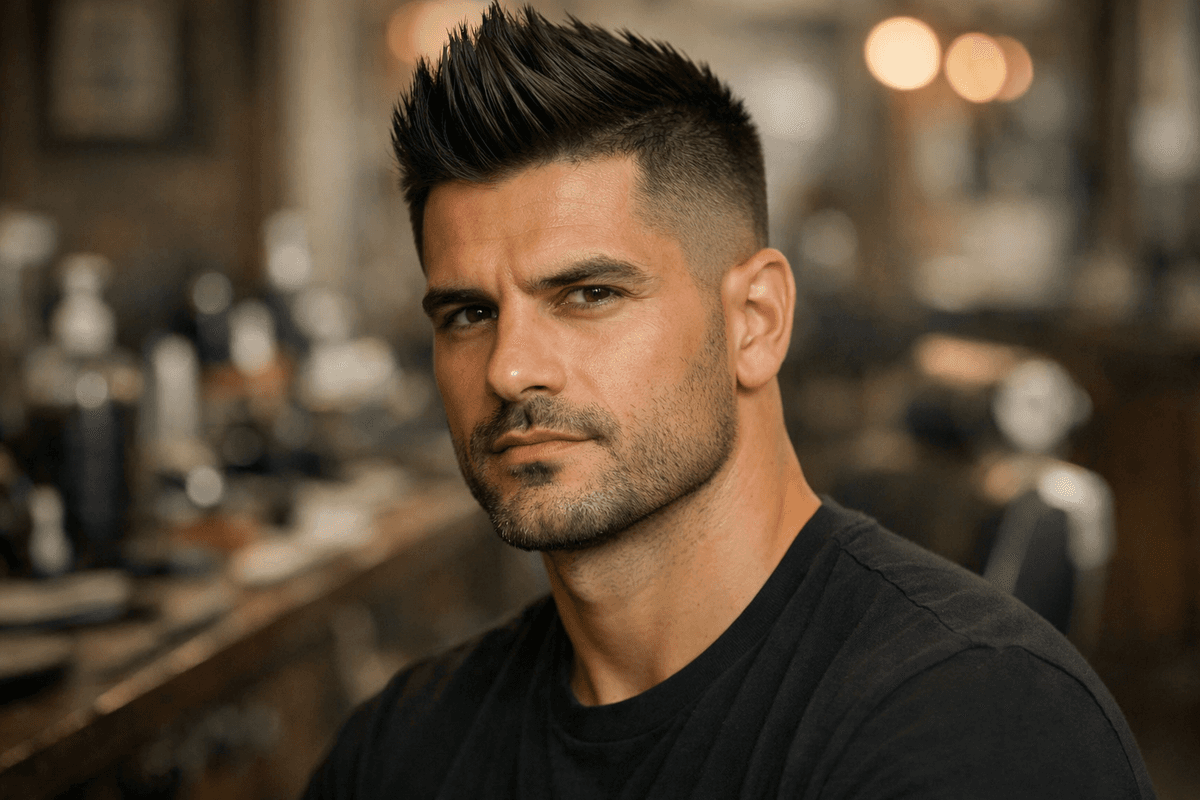 Faux hawk com degradê médio em homem com rosto quadrado e barba curta desenhada