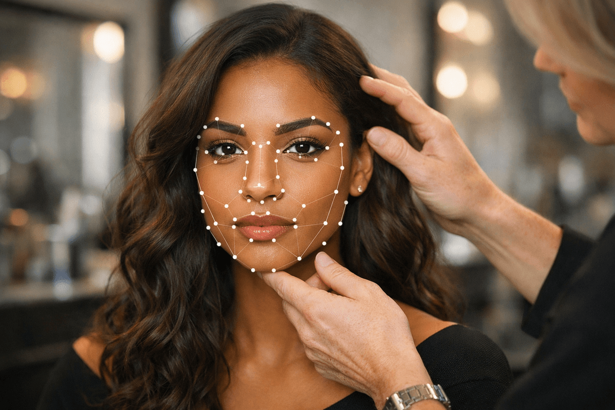 Mulher com rosto oval recebendo análise facial de visagismo com marcações dos 68 pontos mapeados