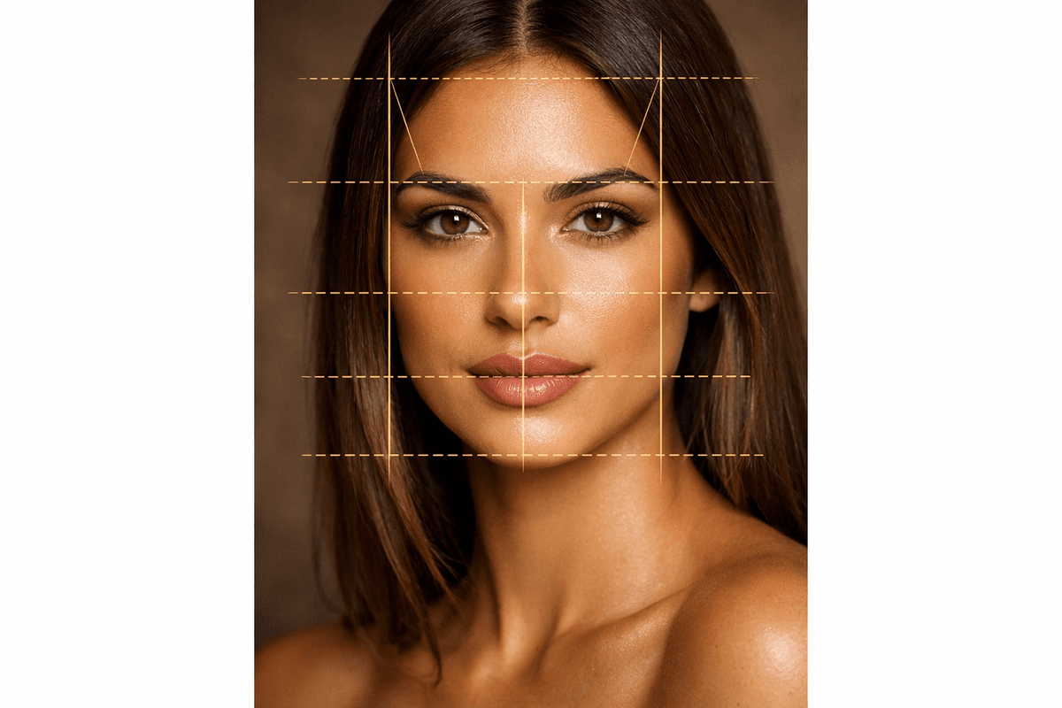 Diagrama mostrando os três terços faciais e linhas de proporção áurea em rosto feminino