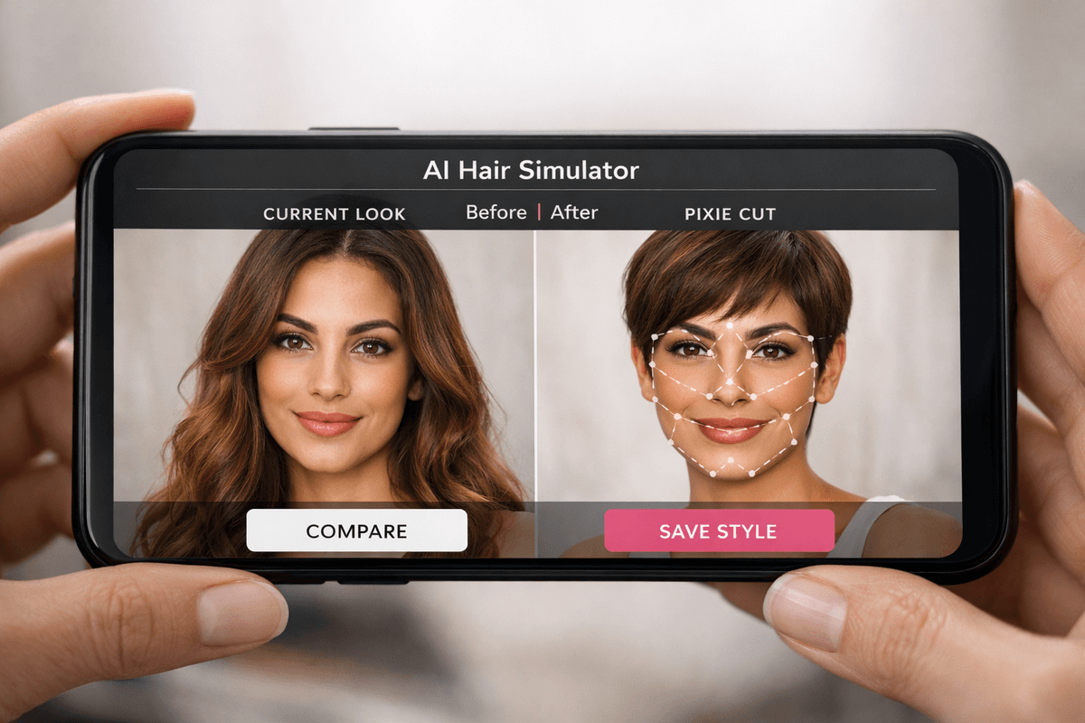 Interface do simulador de corte de cabelo com IA mostrando antes e depois em rosto feminino