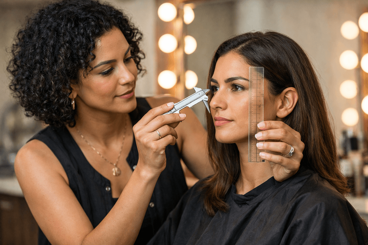 Cabeleireira profissional analisando formato de rosto de cliente em salão moderno