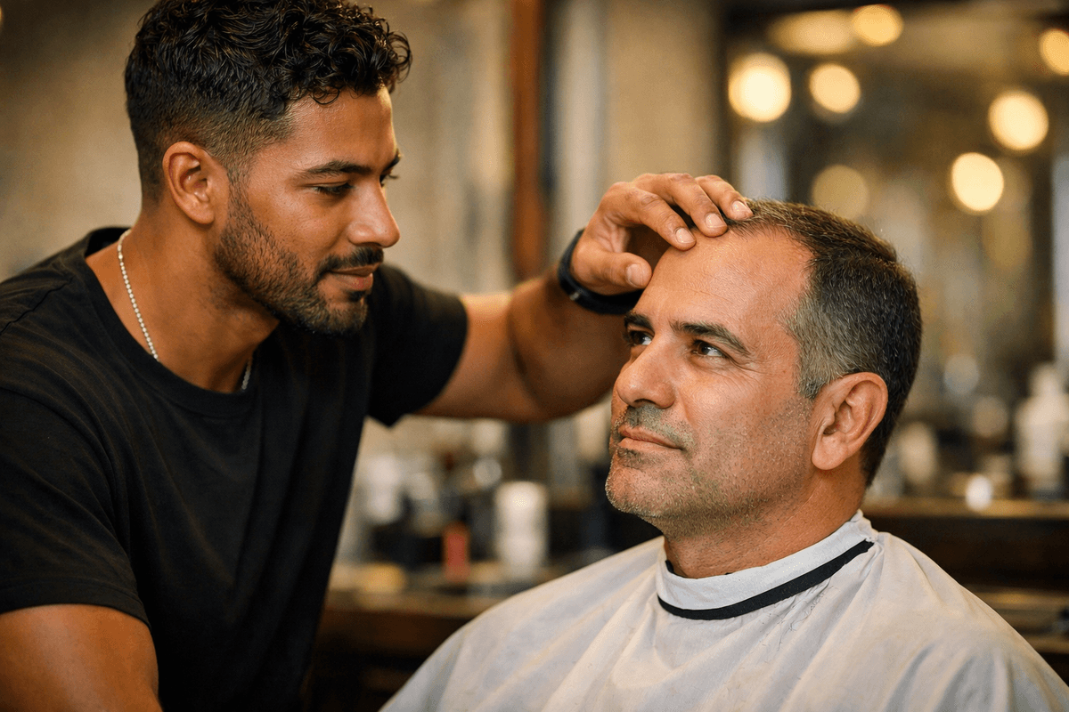 Barbeiro analisando formato de rosto e linha de cabelo de cliente com fios ralos no salão