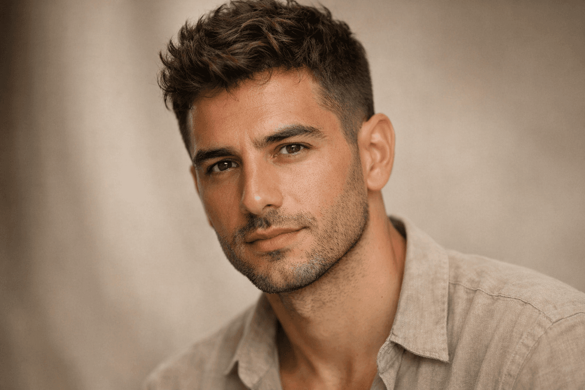 Corte texturizado curto com volume no topo em homem com cabelo ondulado e rosto oval