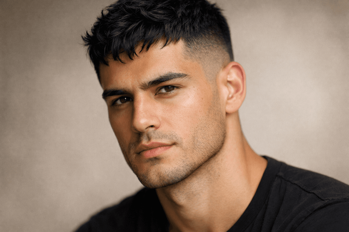 Degradê baixo com topo de 5cm penteado para frente em homem com rosto quadrado