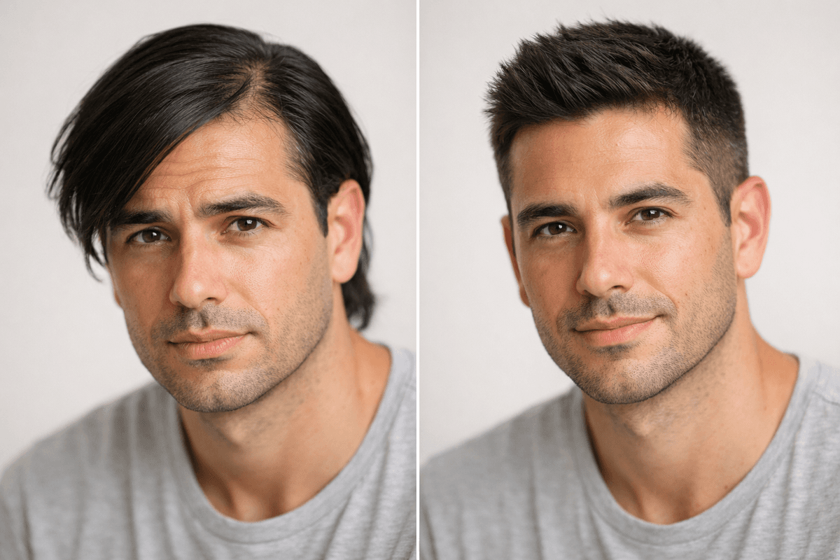 Comparação visual de comb over longo versus corte texturizado curto em perfil masculino