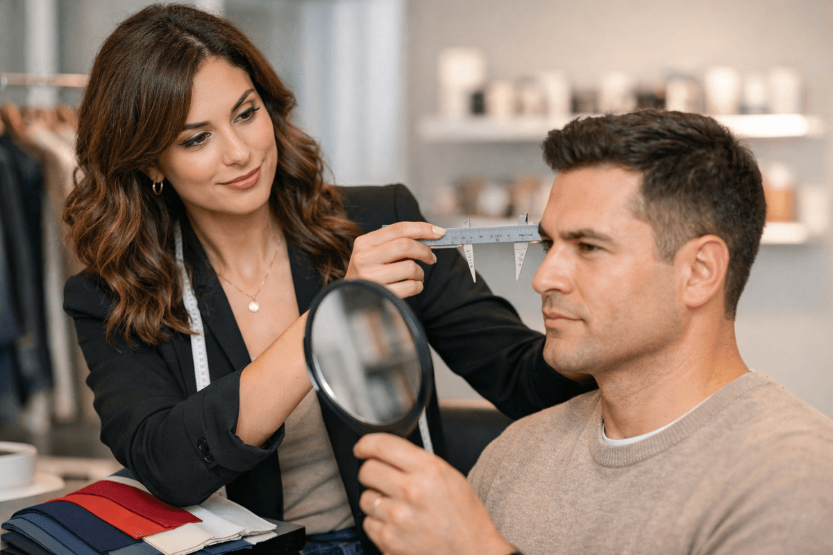 Visagista profissional analisando cliente com régua e espelho em salão moderno