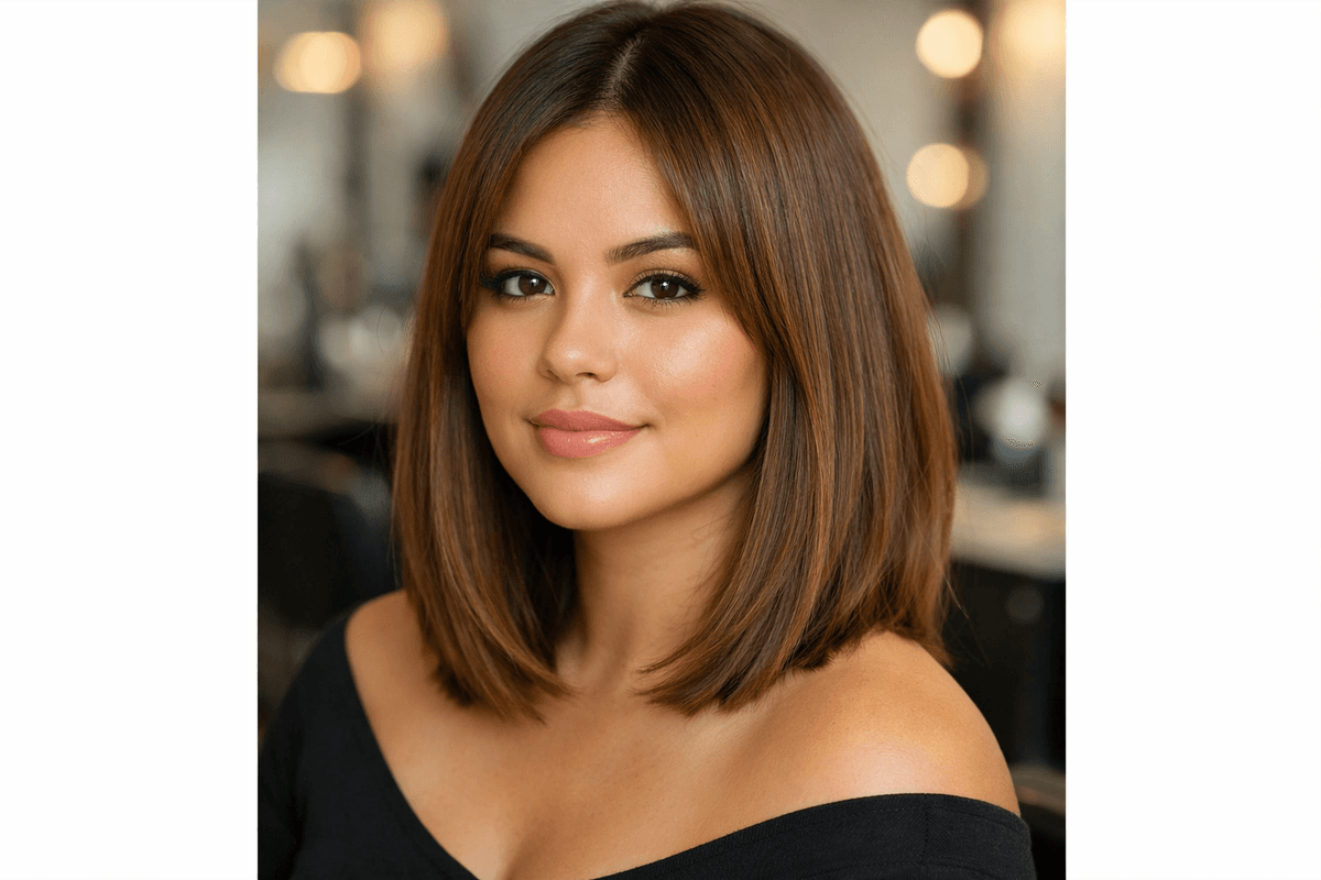 Corte long bob com camadas em mulher com rosto redondo e cabelos lisos