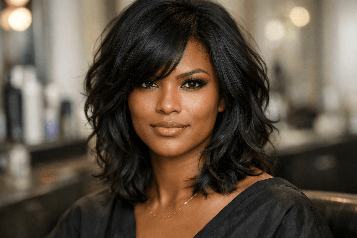 Corte em camadas com ondas em mulher com rosto quadrado e maxilar marcado