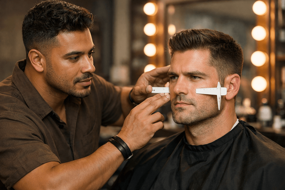 Barbeiro profissional analisando terços faciais de cliente com rosto quadrado em barbearia moderna
