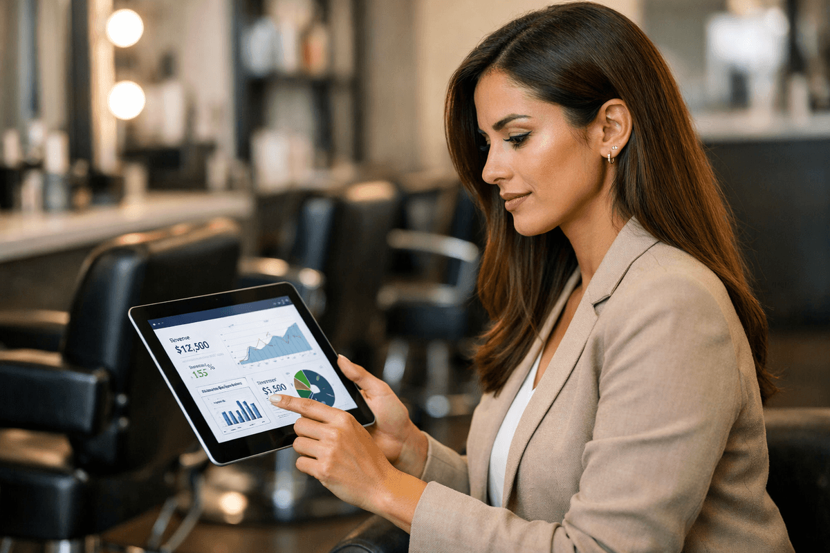 Gestora de salão com olive skin usando tablet para analisar dashboard financeiro