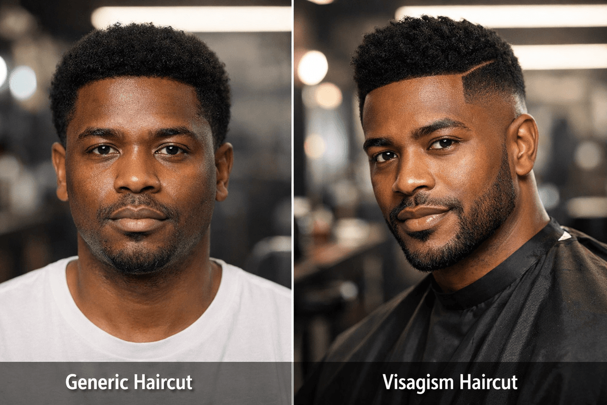 Comparação visual entre corte genérico e corte personalizado por análise de formato facial