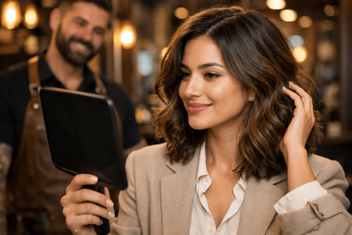 Cliente satisfeito conferindo resultado de corte personalizado com análise facial em barbearia premium