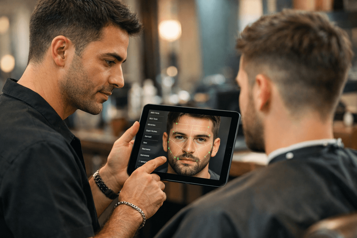 Barbeiro utilizando tablet com análise facial de IA durante atendimento consultivo em barbearia