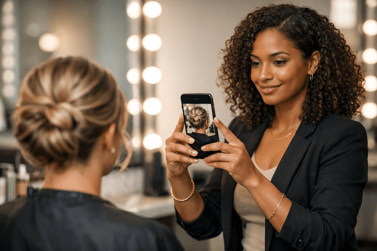 Profissional de salão com warm brown skin fotografando resultado de corte para redes sociais