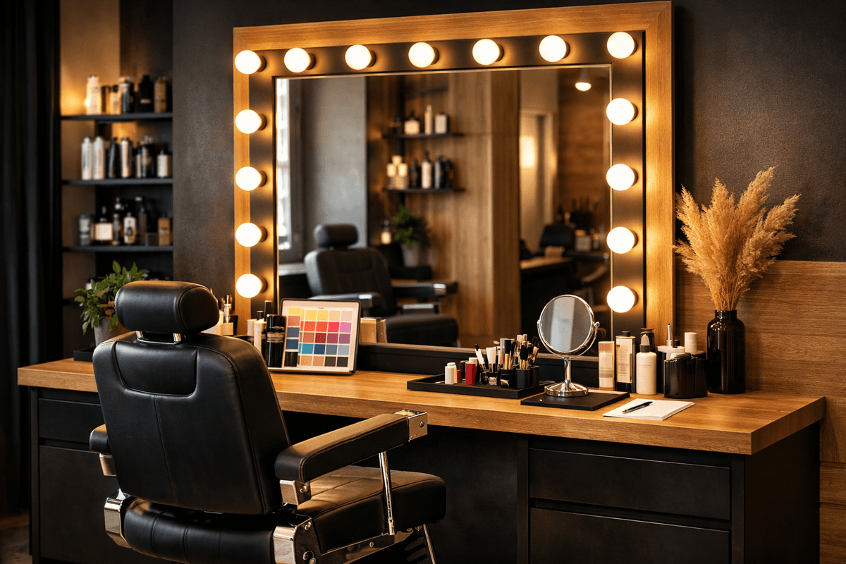 Ambiente de barbearia premium com estação de atendimento visagista e espelho com iluminação profissional