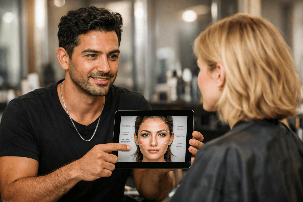 Cabeleireiro com olive skin aplicando análise de visagismo em cliente com tablet