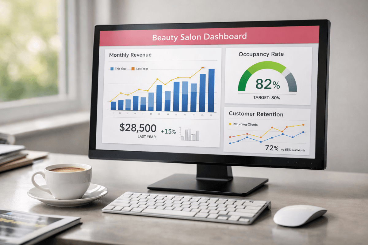 Dashboard de métricas de salão exibido em monitor com gráficos de performance