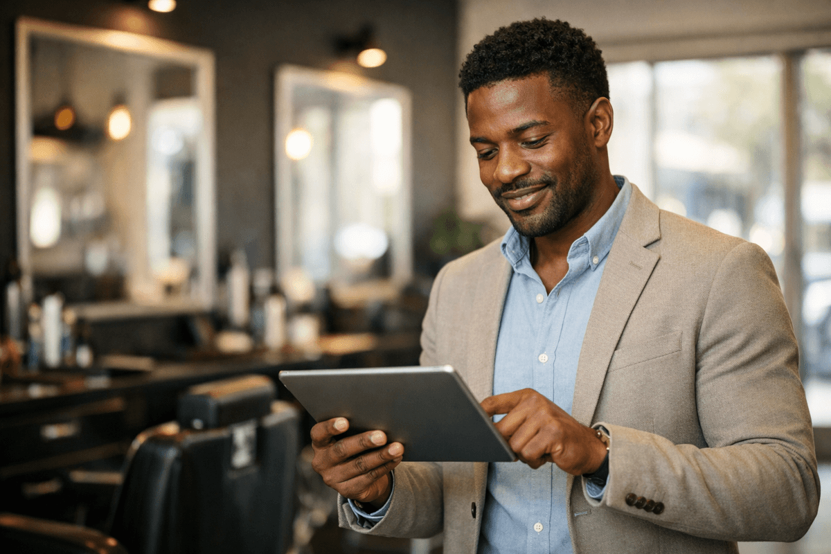Proprietário de barbearia com deep brown skin usando sistema de gestão em tablet